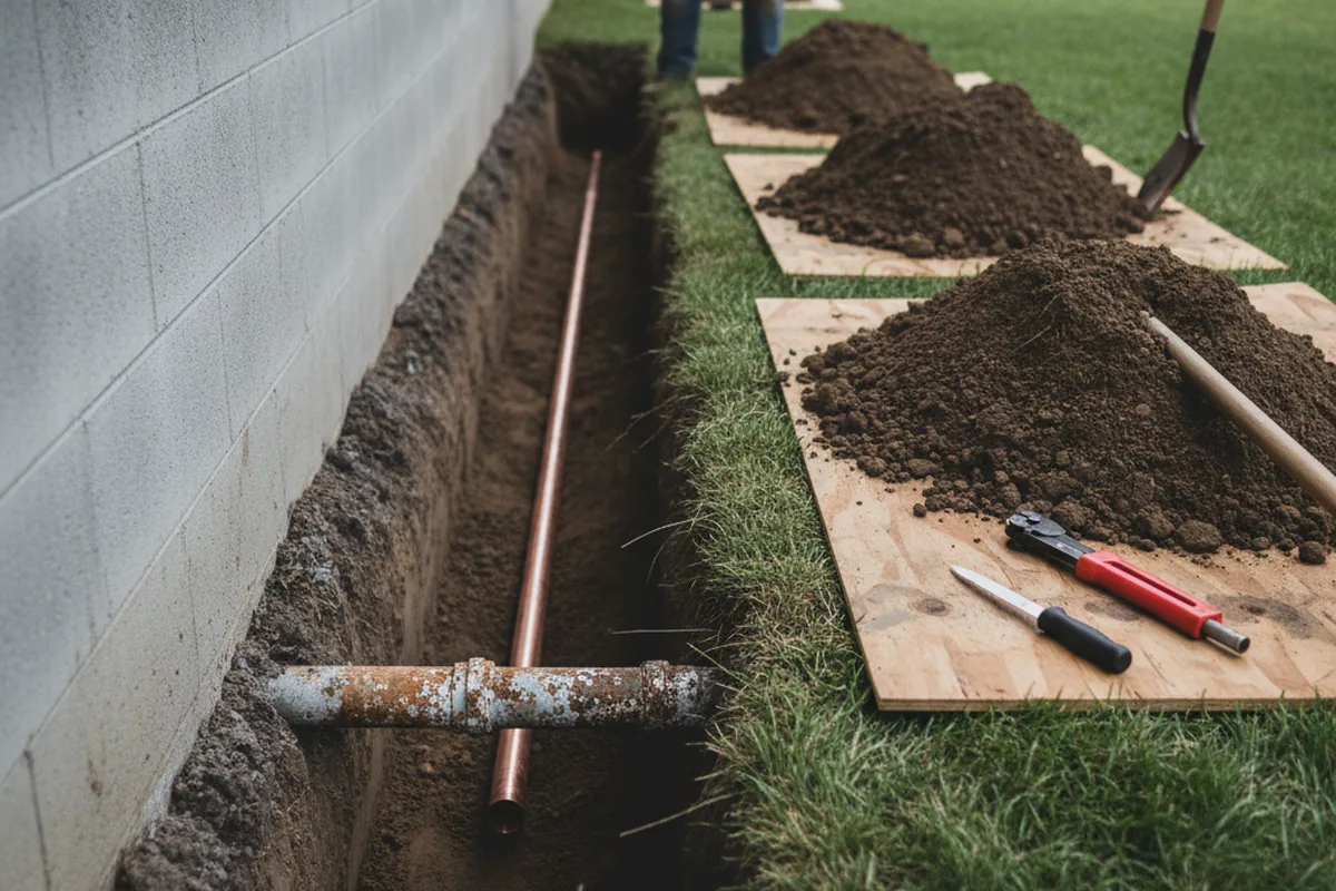 Excavated water line trench during Water Softener Installation in Freedom